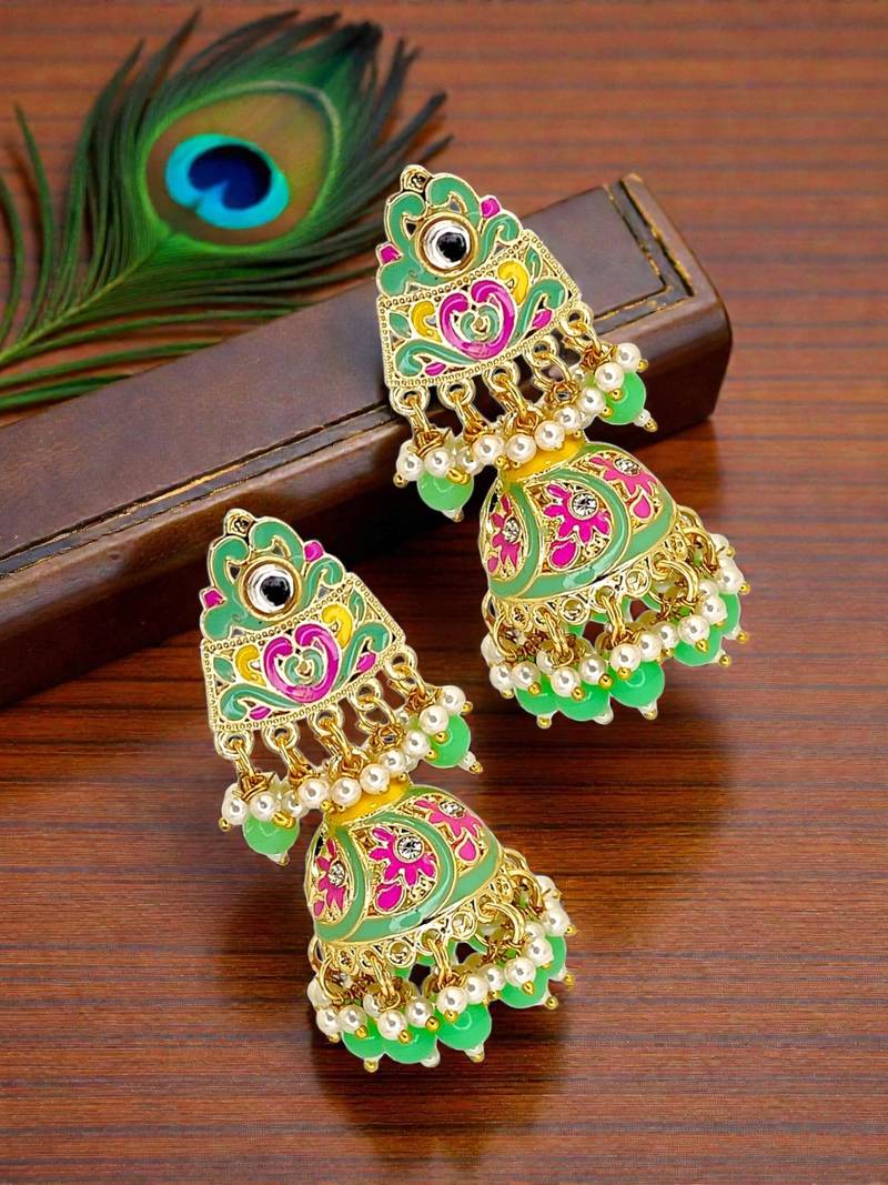Gold plated kundan meenakari lime green jhumka earrings