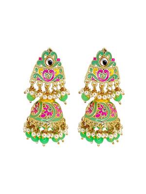 Gold plated kundan meenakari lime green jhumka earrings 2