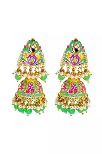 Gold plated kundan meenakari lime green jhumka earrings