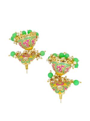 Gold plated kundan meenakari lime green jhumka earrings 3