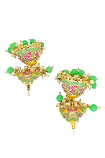 Gold plated kundan meenakari lime green jhumka earrings