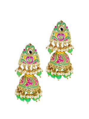Gold plated kundan meenakari lime green jhumka earrings 4