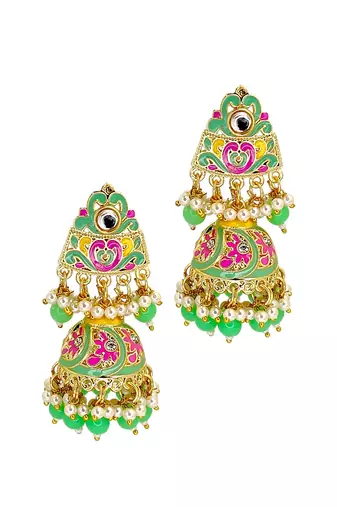Gold plated kundan meenakari lime green jhumka earrings