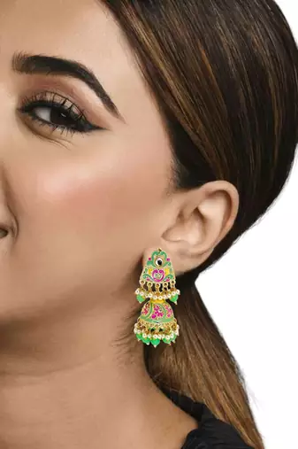 Gold plated kundan meenakari lime green jhumka earrings