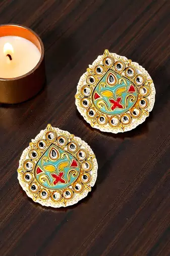 Gold plated kundan meenakari sky blue stud earrings
