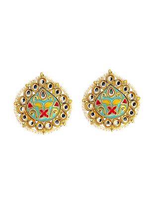 Gold plated kundan meenakari sky blue stud earrings 2