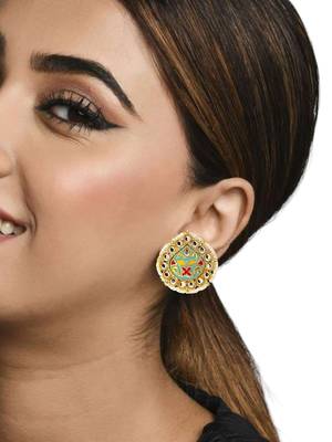 Gold plated kundan meenakari sky blue stud earrings 5