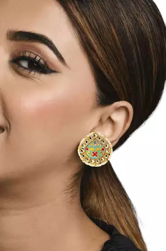 Gold plated kundan meenakari sky blue stud earrings