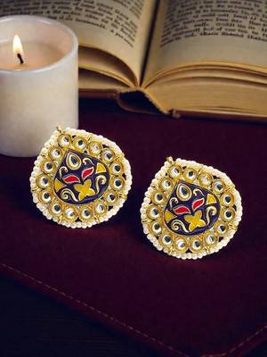Gold plated kundan meenakari navy blue stud earrings 1