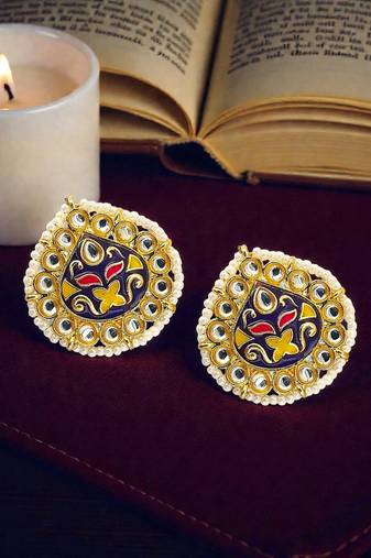 Gold plated kundan meenakari navy blue stud earrings