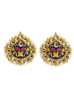 Gold plated kundan meenakari navy blue stud earrings 2