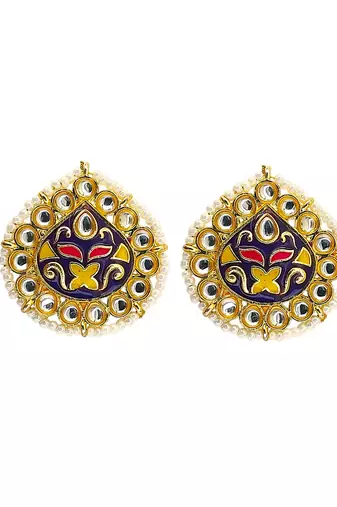 Gold plated kundan meenakari navy blue stud earrings