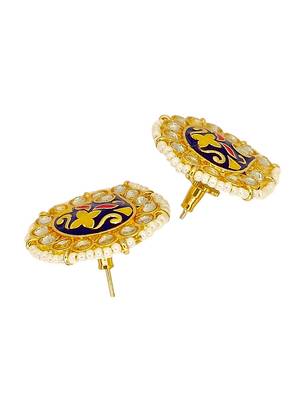 Gold plated kundan meenakari navy blue stud earrings 3