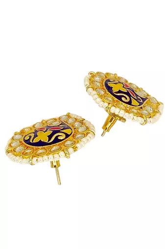 Gold plated kundan meenakari navy blue stud earrings