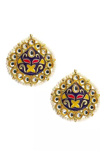 Gold plated kundan meenakari navy blue stud earrings