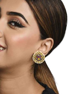 Gold plated kundan meenakari navy blue stud earrings 5