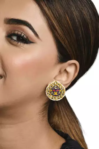 Gold plated kundan meenakari navy blue stud earrings