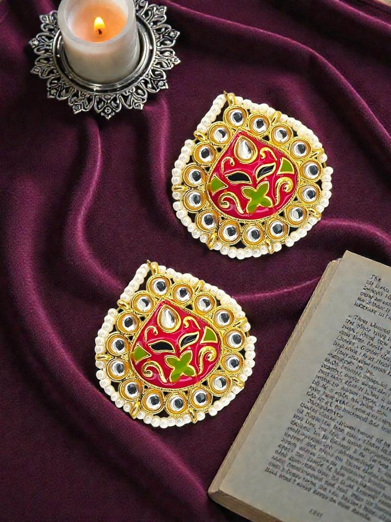 Gold plated kundan meenakari magenta stud  earrings
