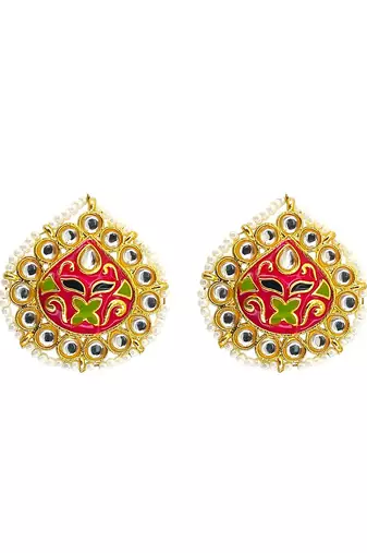 Gold plated kundan meenakari magenta stud  earrings
