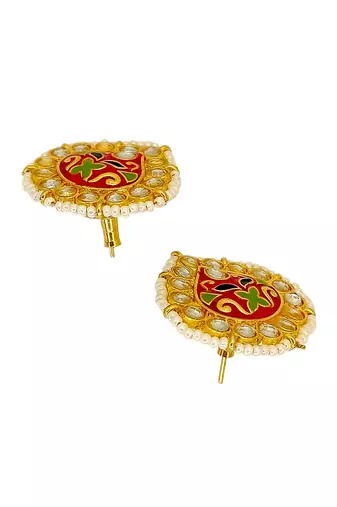 Gold plated kundan meenakari magenta stud  earrings