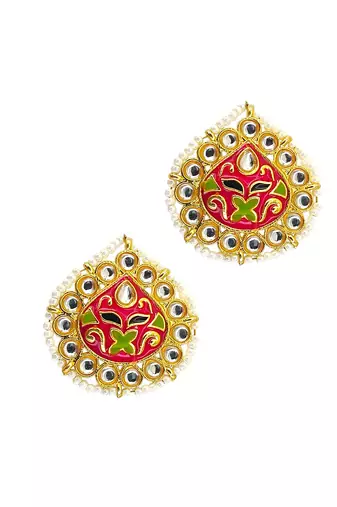 Gold plated kundan meenakari magenta stud  earrings
