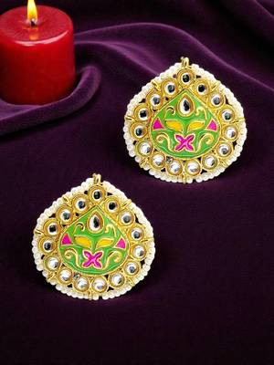 Gold plated kundan meenakari lime green stud  earrings 1