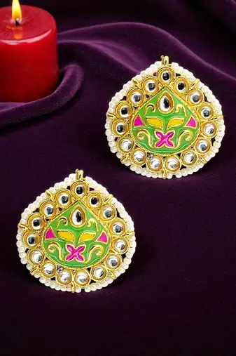 Gold plated kundan meenakari lime green stud  earrings