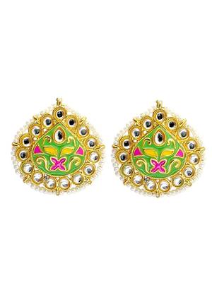 Gold plated kundan meenakari lime green stud  earrings 2