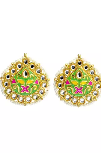 Gold plated kundan meenakari lime green stud  earrings