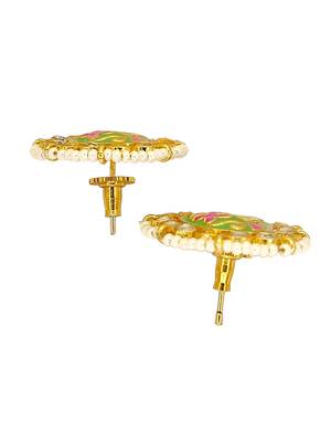 Gold plated kundan meenakari lime green stud  earrings 3