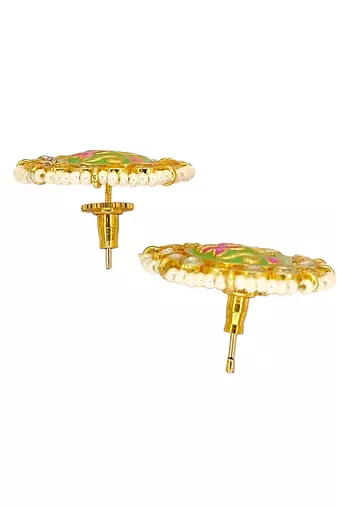 Gold plated kundan meenakari lime green stud  earrings
