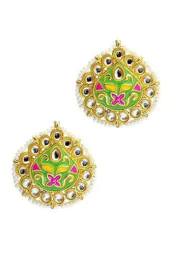 Gold plated kundan meenakari lime green stud  earrings