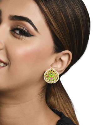 Gold plated kundan meenakari lime green stud  earrings 5