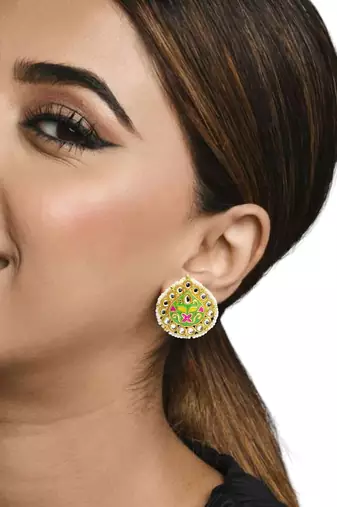Gold plated kundan meenakari lime green stud  earrings