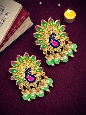 Gold plated peacock lime green meenakari drop earrings 1