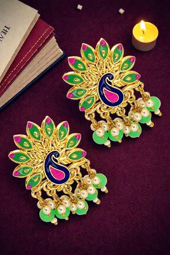 Gold plated peacock lime green meenakari drop earrings