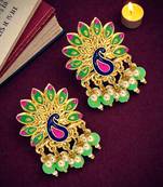 Gold plated peacock lime green meenakari drop earrings
