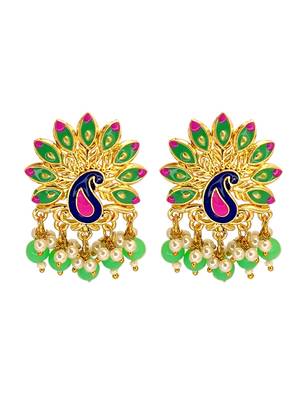 Gold plated peacock lime green meenakari drop earrings 2