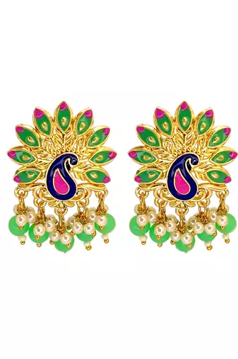 Gold plated peacock lime green meenakari drop earrings