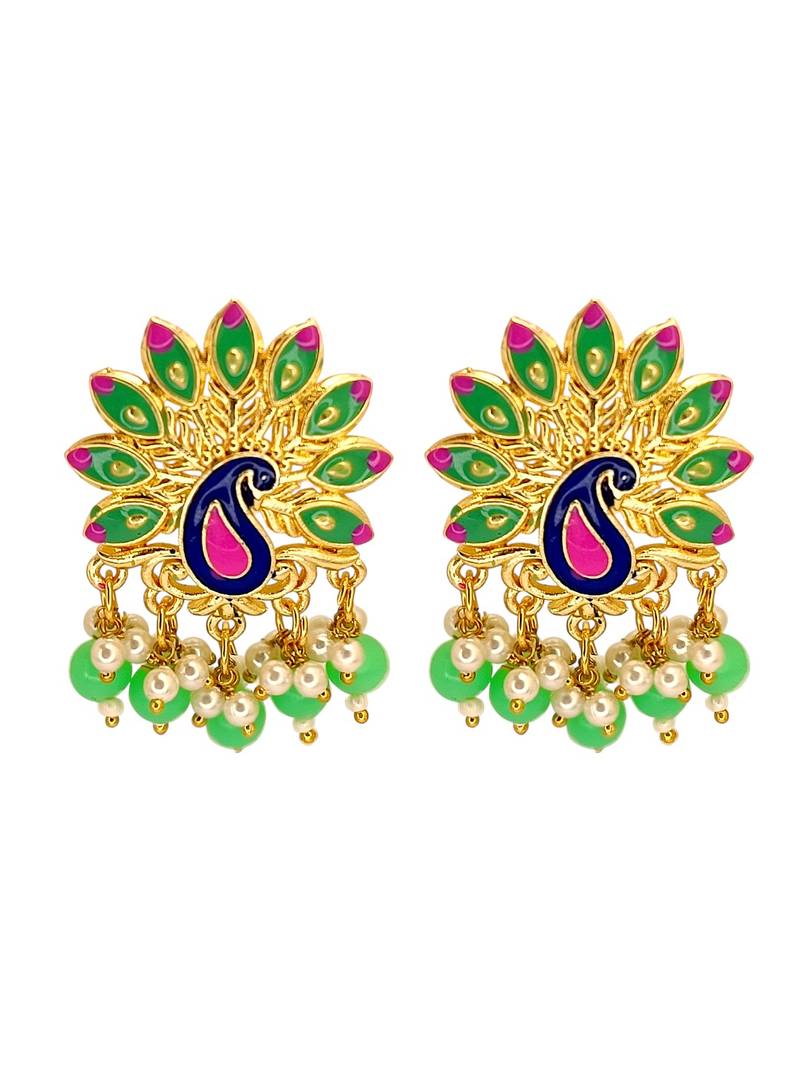 Gold plated peacock lime green meenakari drop earrings