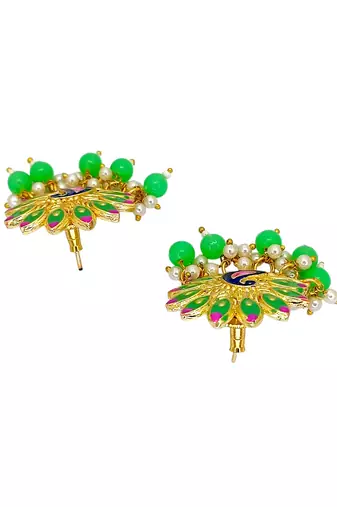 Gold plated peacock lime green meenakari drop earrings