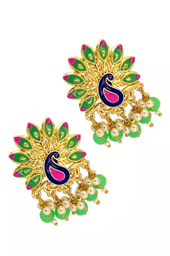 Gold plated peacock lime green meenakari drop earrings