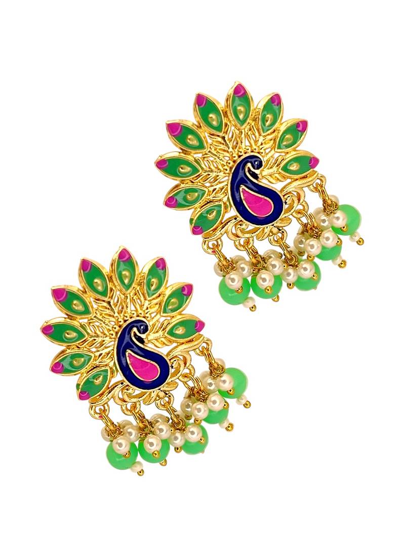 Gold plated peacock lime green meenakari drop earrings