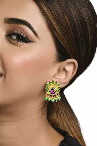 Gold plated peacock lime green meenakari drop earrings