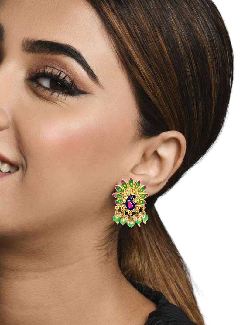 Gold plated peacock lime green meenakari drop earrings