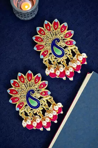 Gold plated peacock magenta meenakari drop earrings