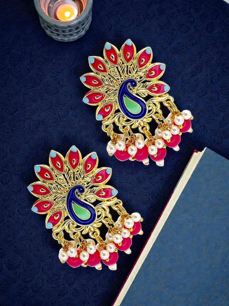 Gold plated peacock magenta meenakari drop earrings
