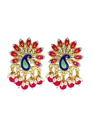 Gold plated peacock magenta meenakari drop earrings 2
