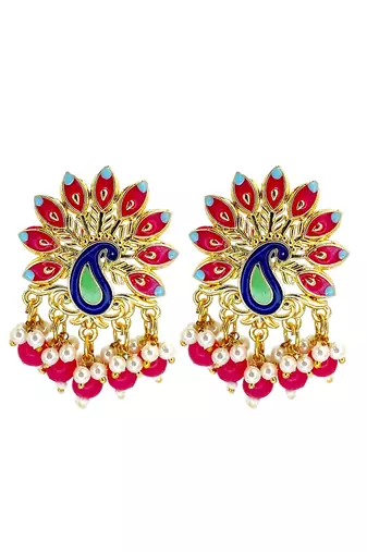 Gold plated peacock magenta meenakari drop earrings