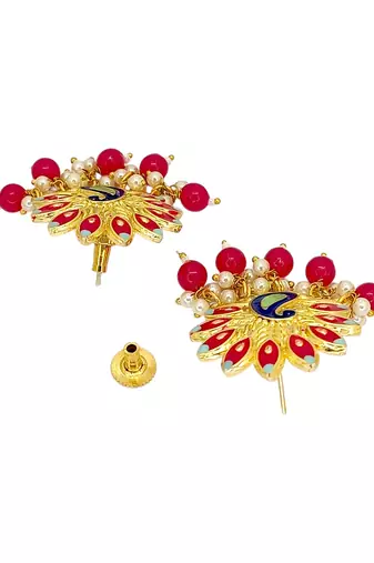 Gold plated peacock magenta meenakari drop earrings